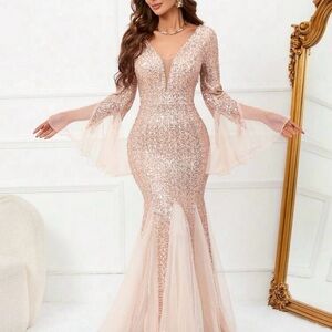 SHEIN Rose Gold Sequin Long Sleeve Dress